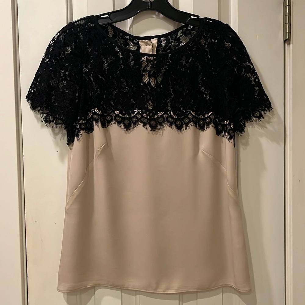 Milly | Women’s Georgette Silk light Cream/Pink Blouse with Black Lace, size 4